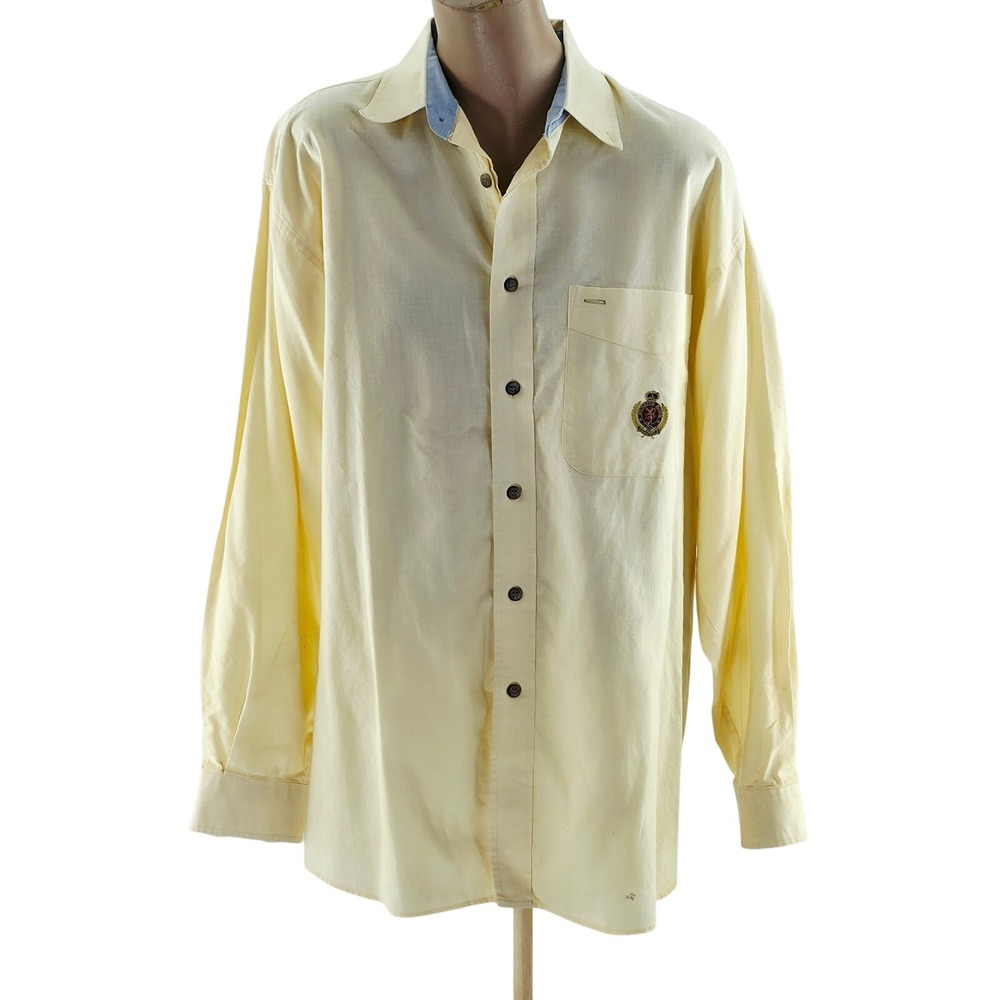 Hunting Horn Button Down Shirt Men Medium Yellow Grandpa Chic 90s Vintage Preppy